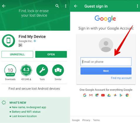log into find my device on android