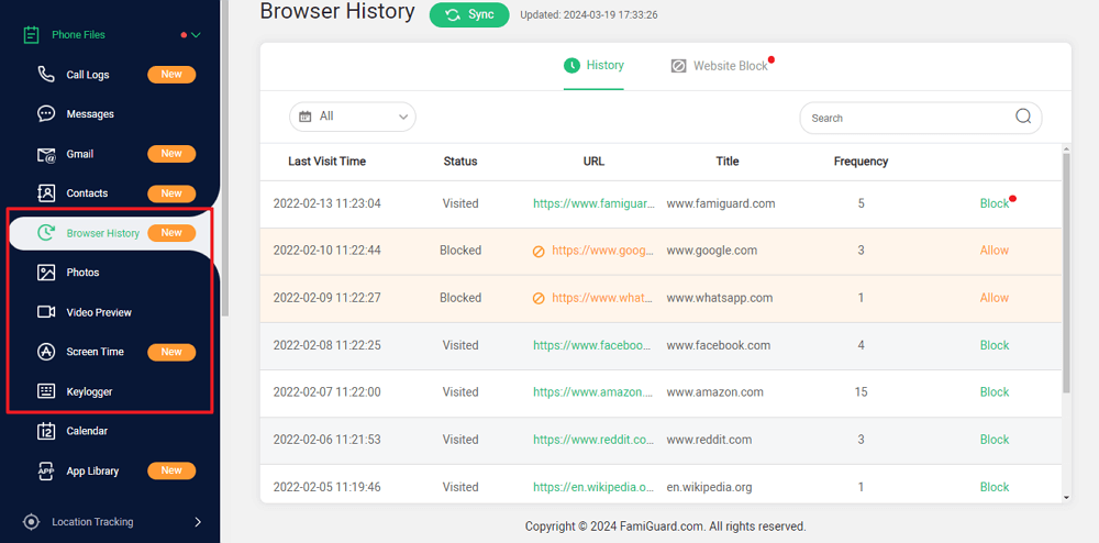 famiguard pro to check browsing history