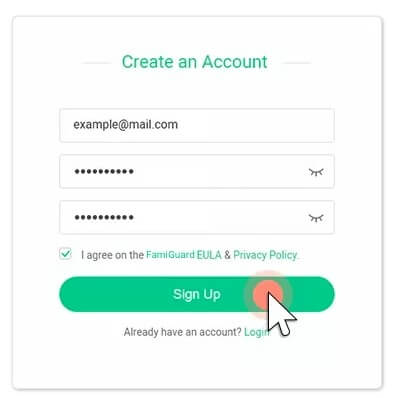 sign up on famiguard pro android