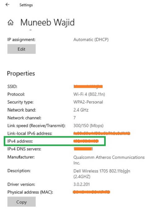 type computer internal IP address