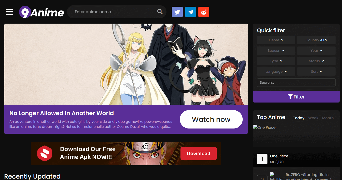 homepage of 9anime