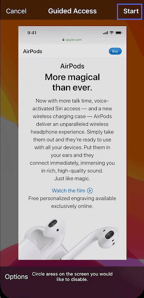 click start on the guided access page