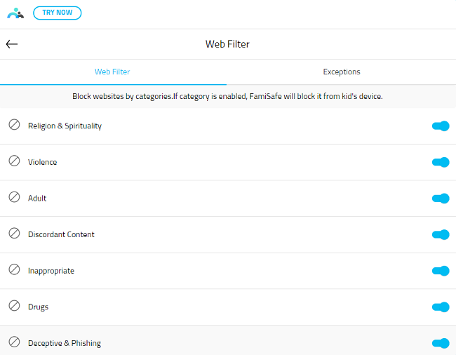 famisafe web filter feature