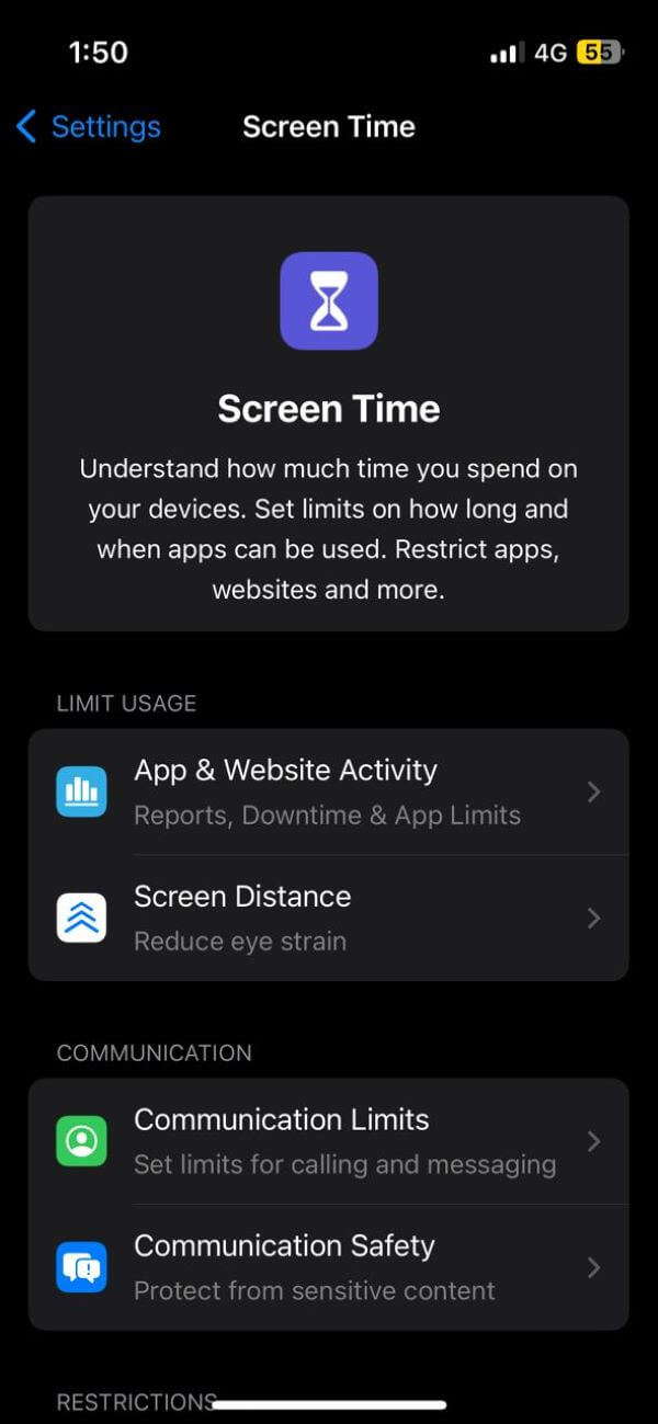 screen time option on iphone