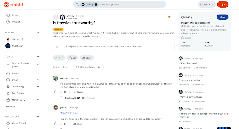 a reddit thread on the safety of fmovies