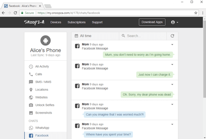 snoopza tracking facebook messages on an android device