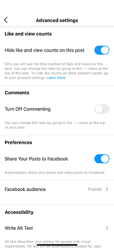 advance setting on instagram