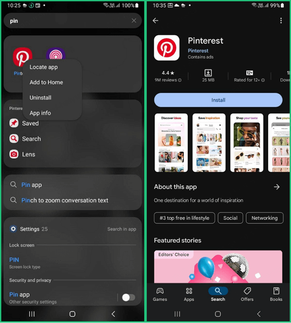 android reinstall pinterest to fix pinterest searching problem