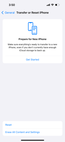 access transfer or reset iphone