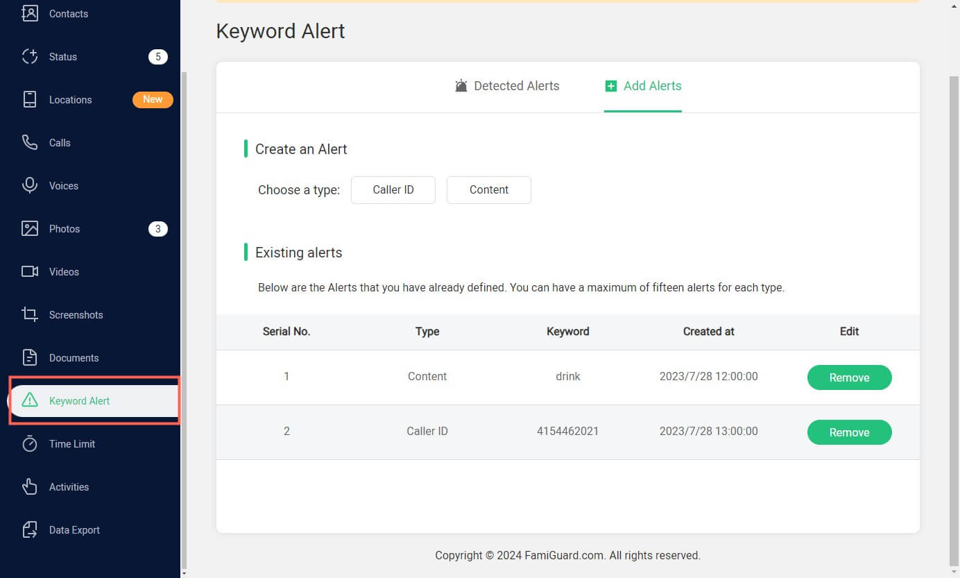 famiguard pro keyword alert