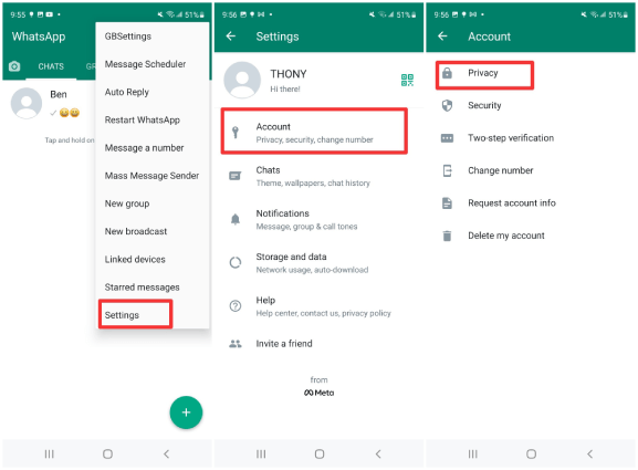 navigate to privacy settings on gb whatsapp