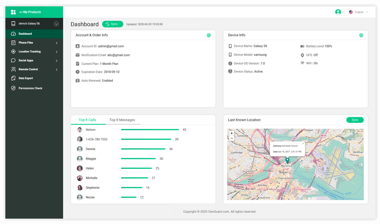 view the cloned files and data on dashboard of famiguard pro for android